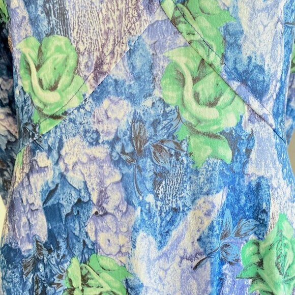 Vintage Abstract Floral Rose print Blue Green Long  Sleeve Maxi M - Picture 5 of 8